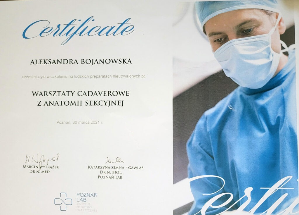 Aleksandra Bojanowska certyfikaty - warsztaty cadavarowe z anatomii sekcyjnej