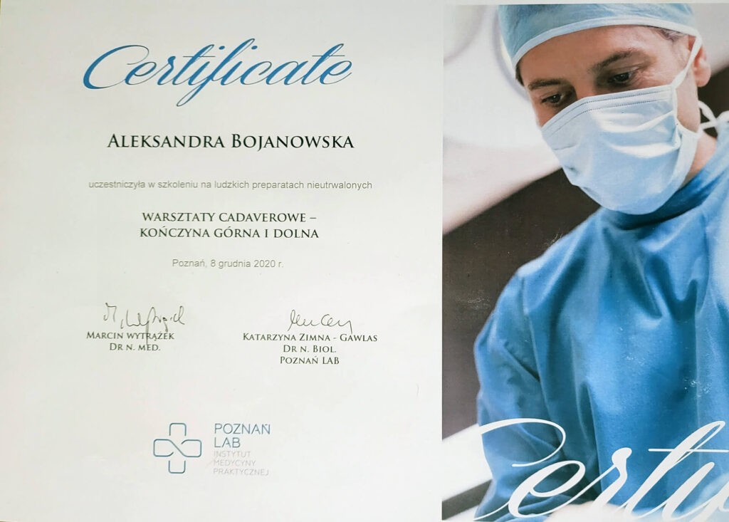 Aleksandra Bojanowska certyfikaty - warsztaty cadavarowe kończyna górna i dolna