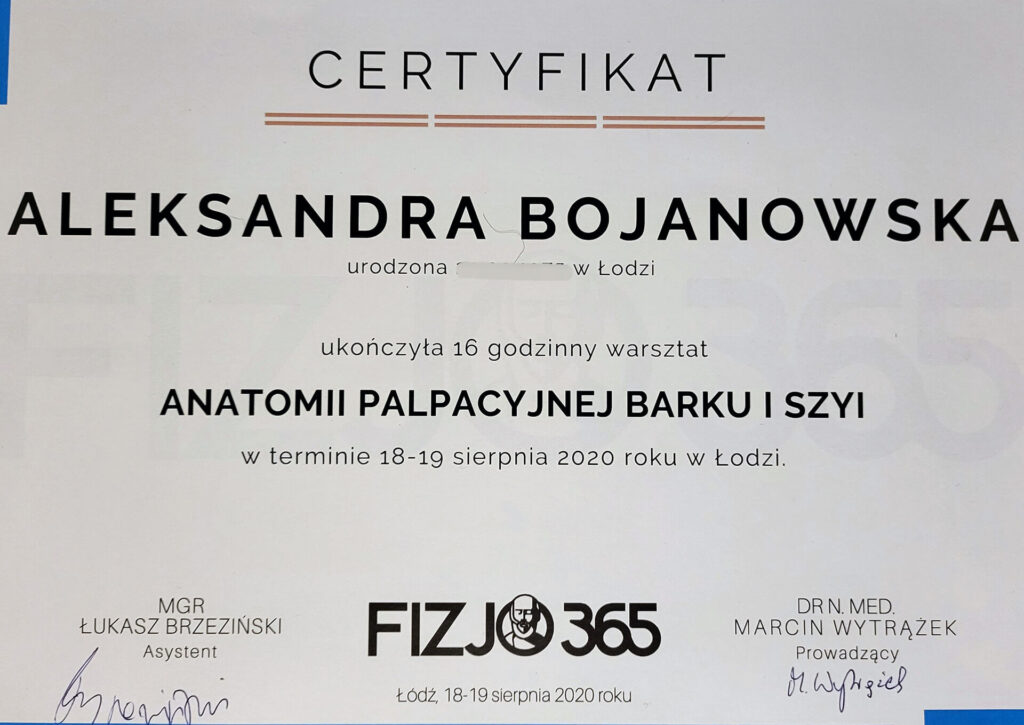 Aleksandra Bojanowska certyfikaty - warsztat anatomii palpacyjnej barku i szyi