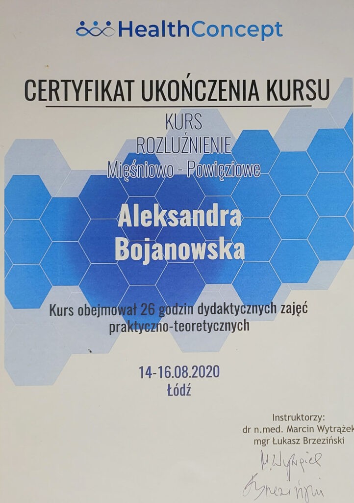 Aleksandra Bojanowska certyfikaty - kurs rozluźnienie