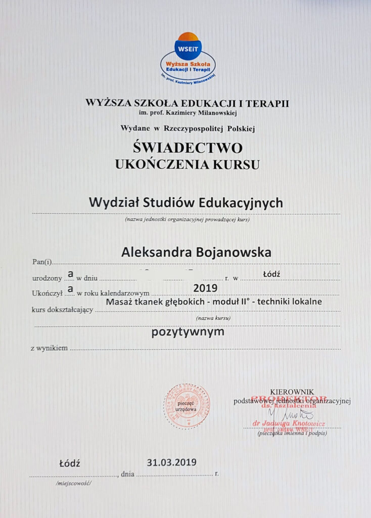 Aleksandra Bojanowska certyfikaty - kurs masaż tkanek głębokich