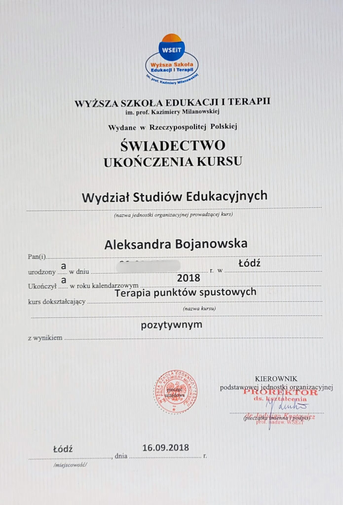 Aleksandra Bojanowska certyfikaty - kurs terapia punktów spustowycho
