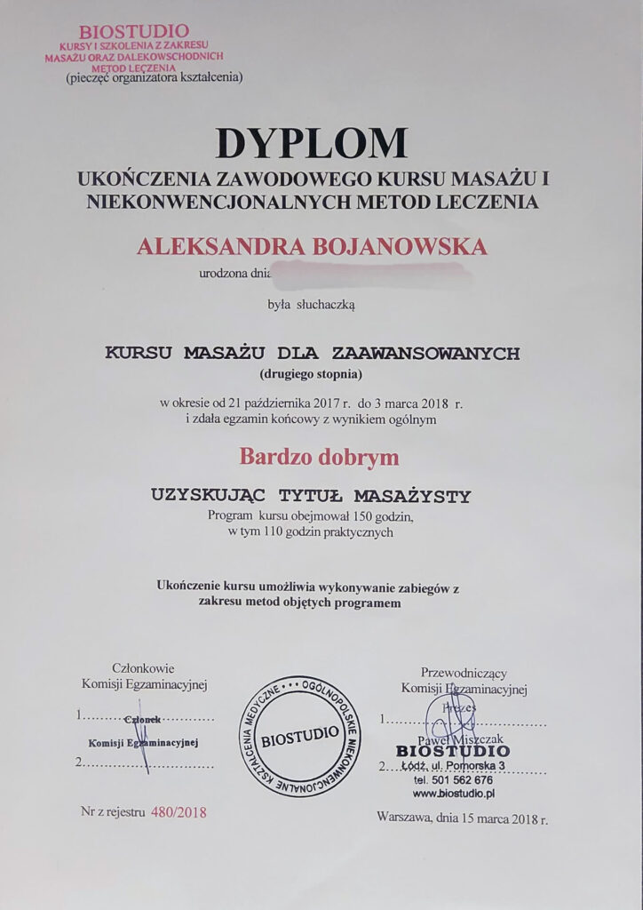 Aleksandra Bojanowska certyfikaty - masaż dla zaawansowanych