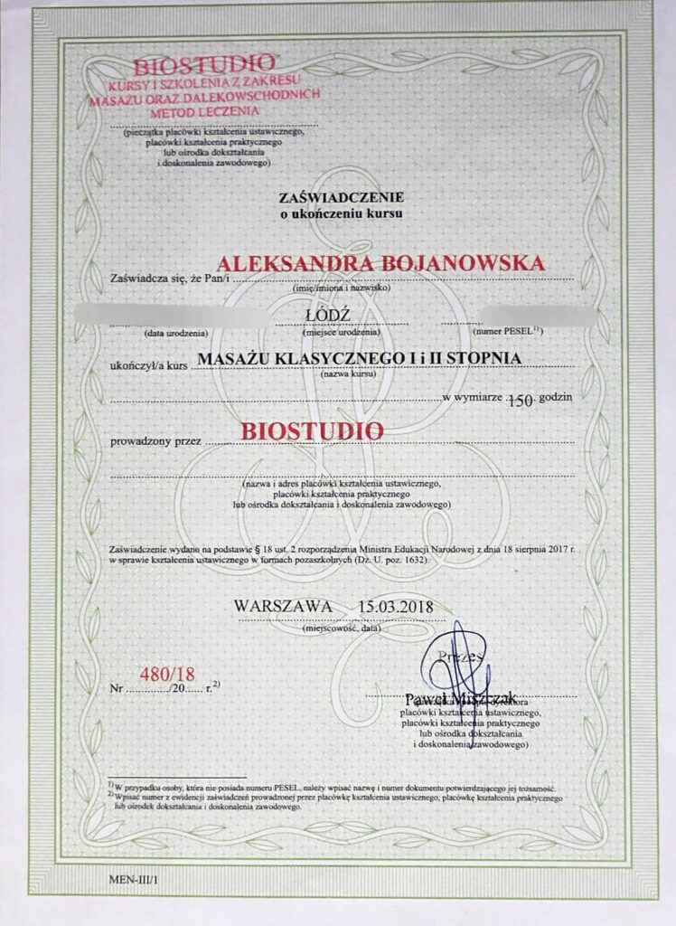 Aleksandra Bojanowska certyfikaty - masaż klasyczny