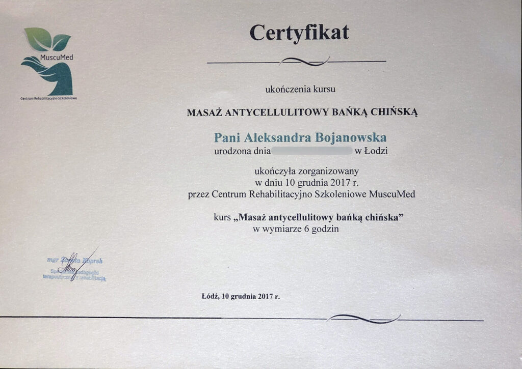 Aleksandra Bojanowska certyfikaty - masaż antycellulitowy bańską chińską