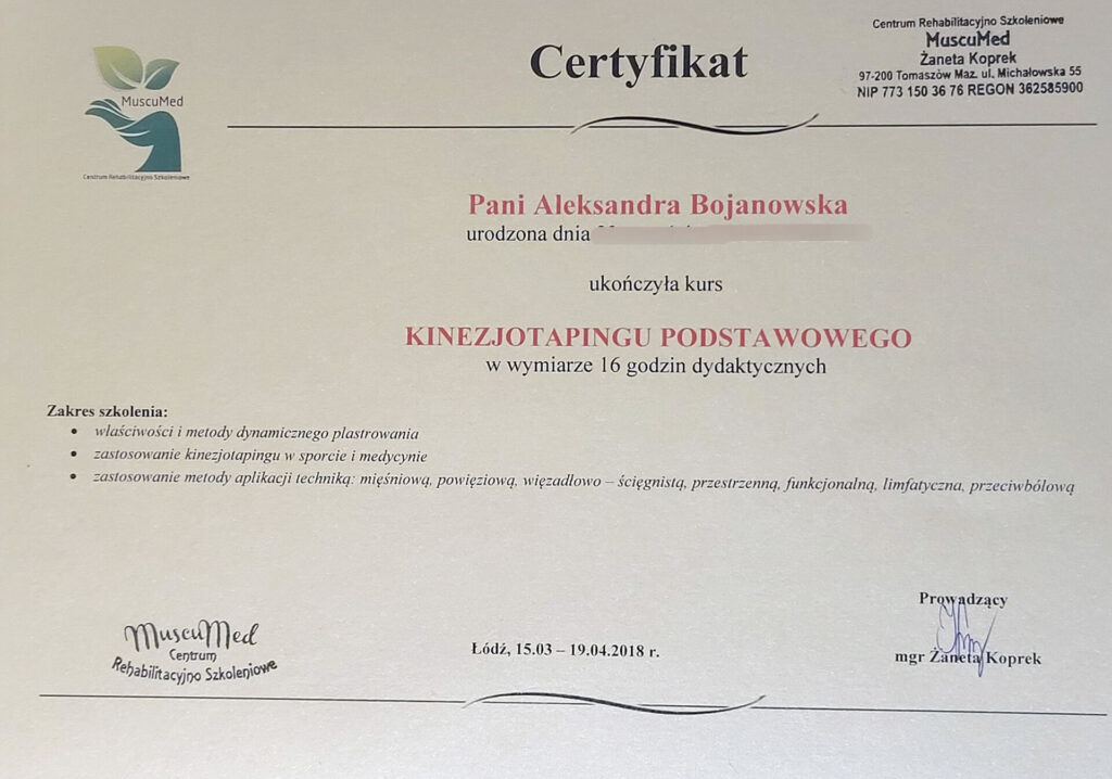 Aleksandra Bojanowska certyfikaty - kurs kinezjotapingu
