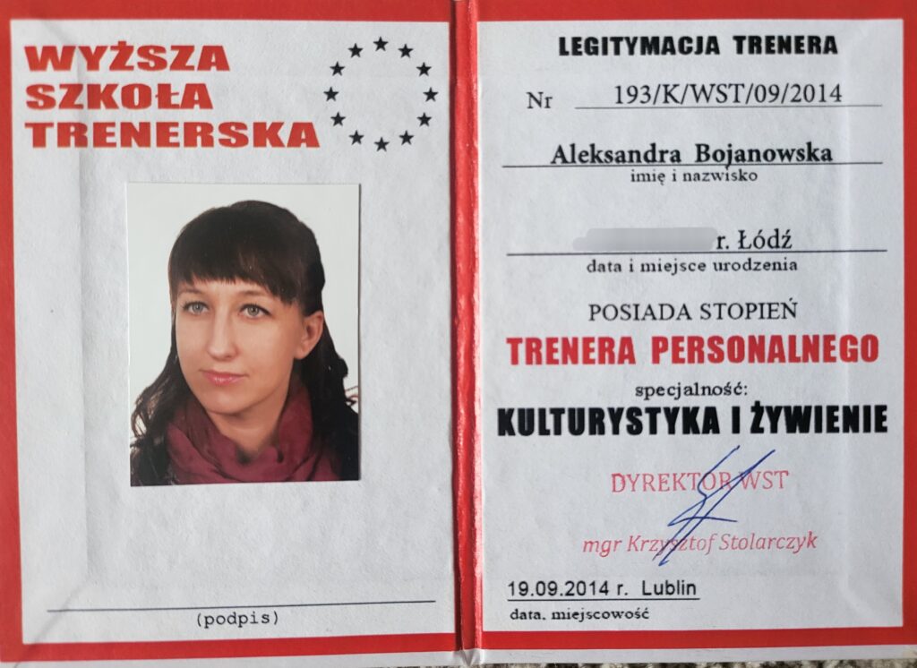 Aleksandra Bojanowska certyfikaty - trenera personalnego