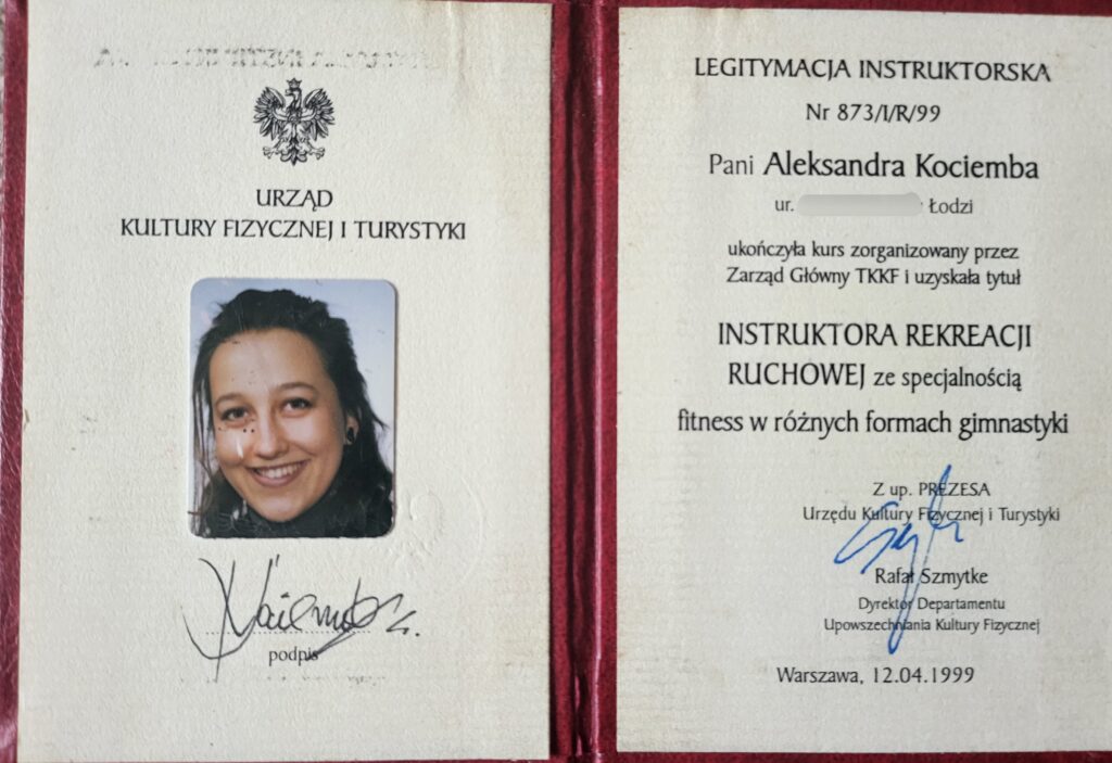 Aleksandra Bojanowska certyfikaty - instruktor rekreacji ruchowej