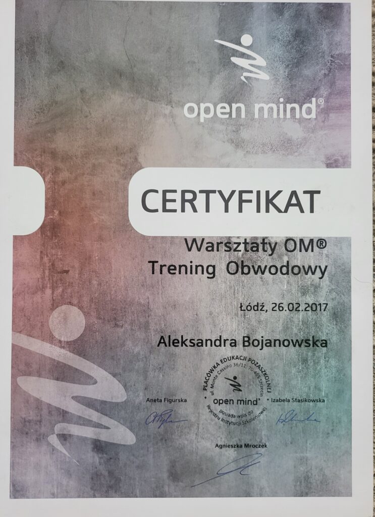 Aleksandra Bojanowska certyfikaty - OM Trening Obwodowy