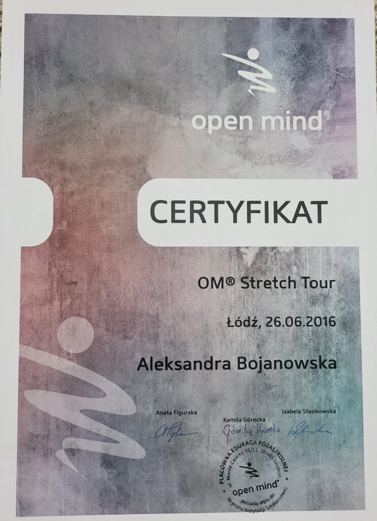 Aleksandra Bojanowska certyfikaty - OM Stretch Tour
