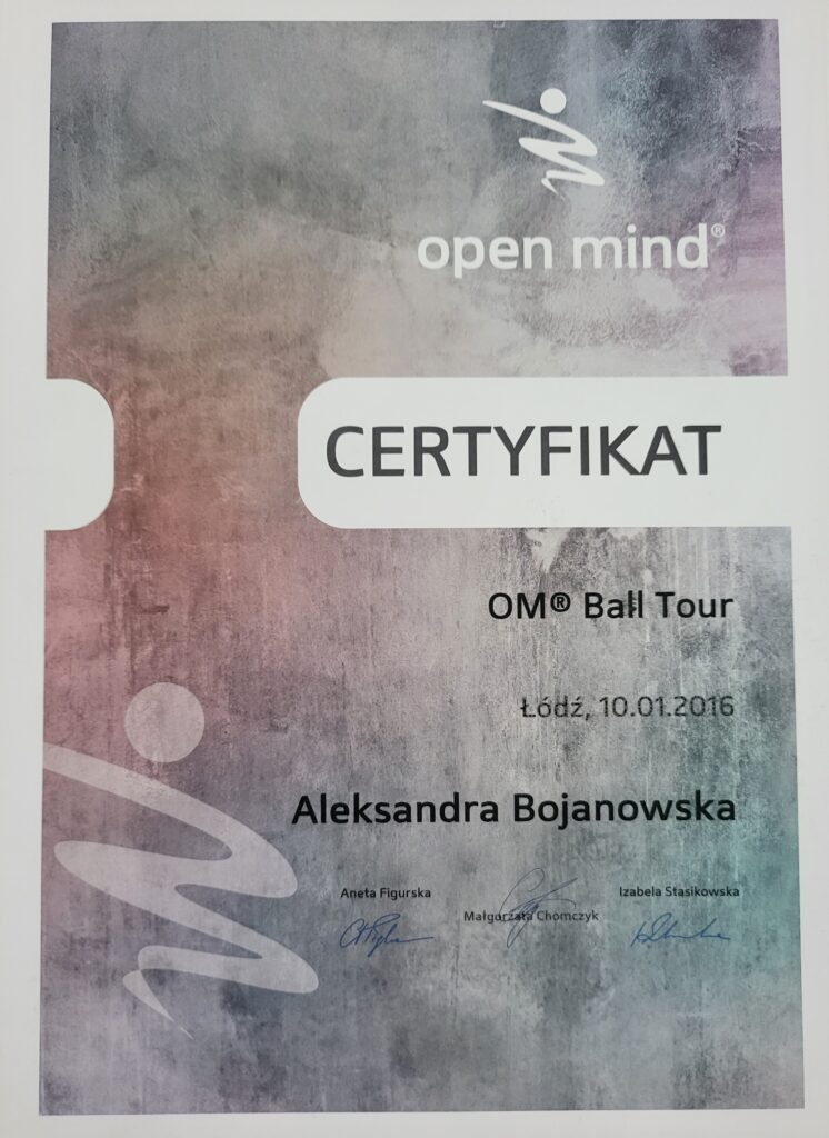 Aleksandra Bojanowska certyfikaty - OM Ball Tour