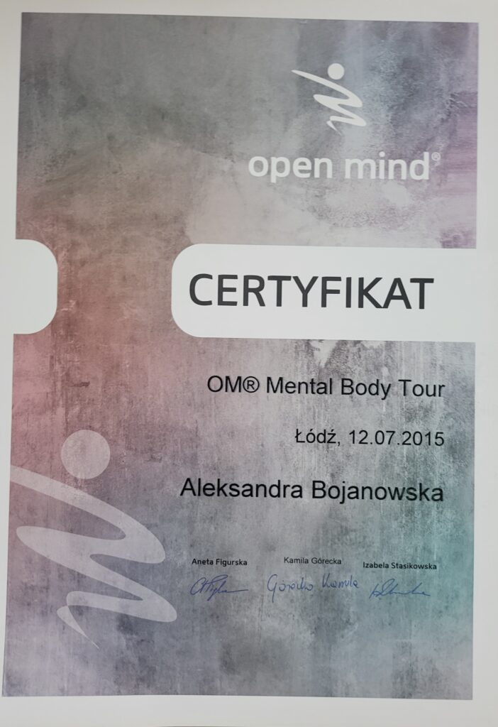 Aleksandra Bojanowska certyfikaty - OM Mental Body Tour