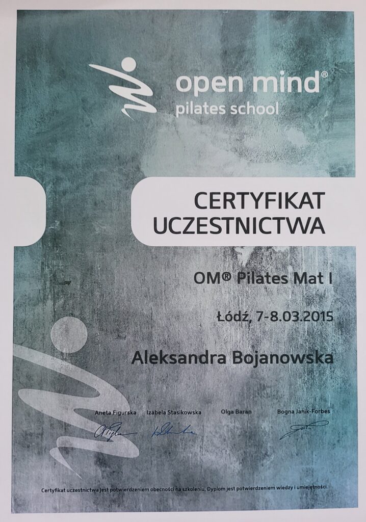 Aleksandra Bojanowska certyfikaty - OM Pilates Mat I