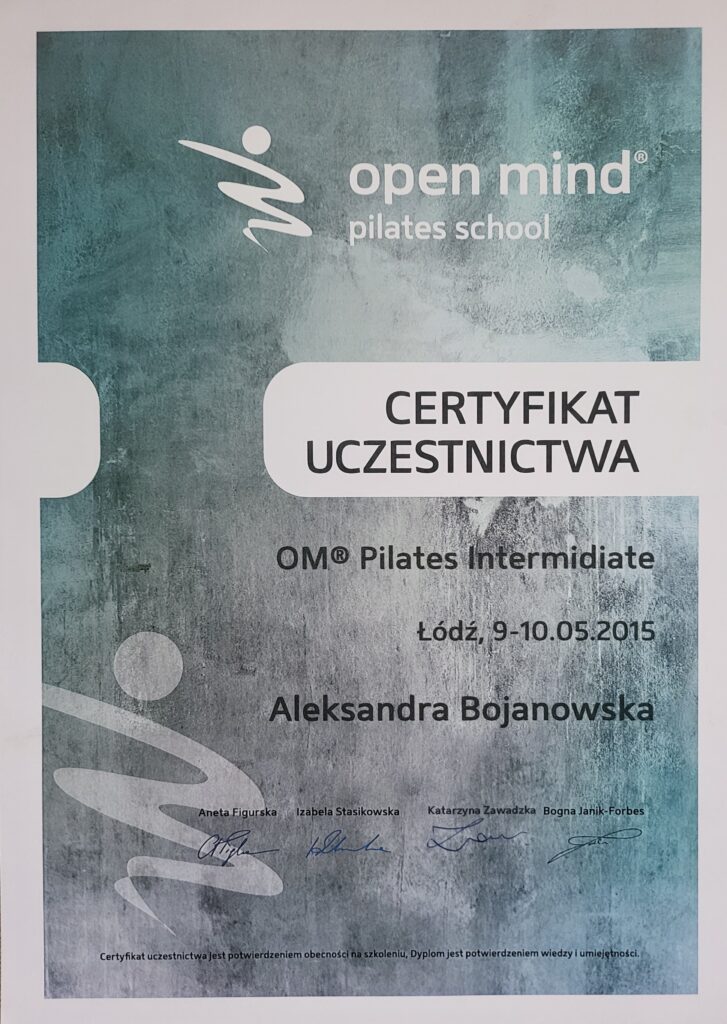 Aleksandra Bojanowska certyfikaty - OM Pilates intermidiate