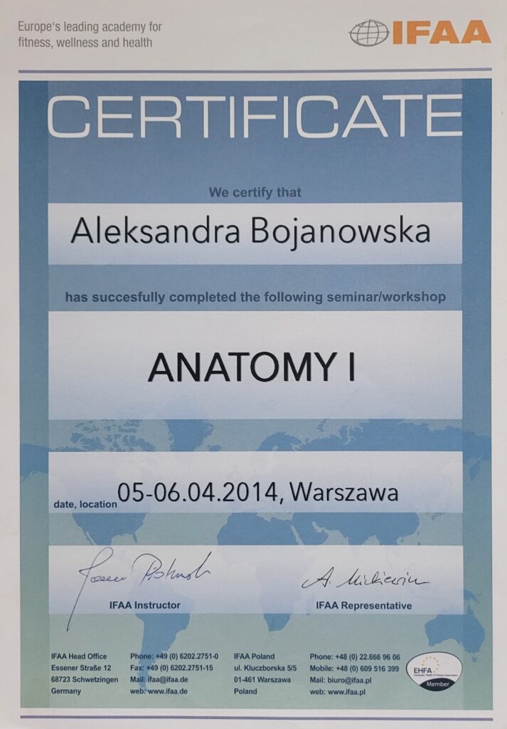 Aleksandra Bojanowska certyfikaty - anatomy I