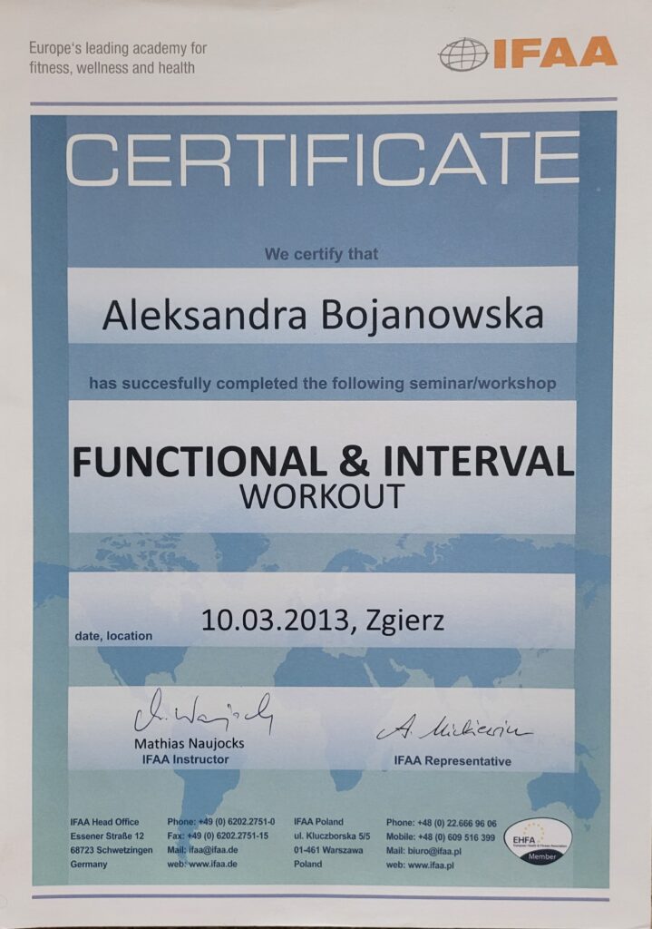 Aleksandra Bojanowska certyfikaty - functional & interval workout