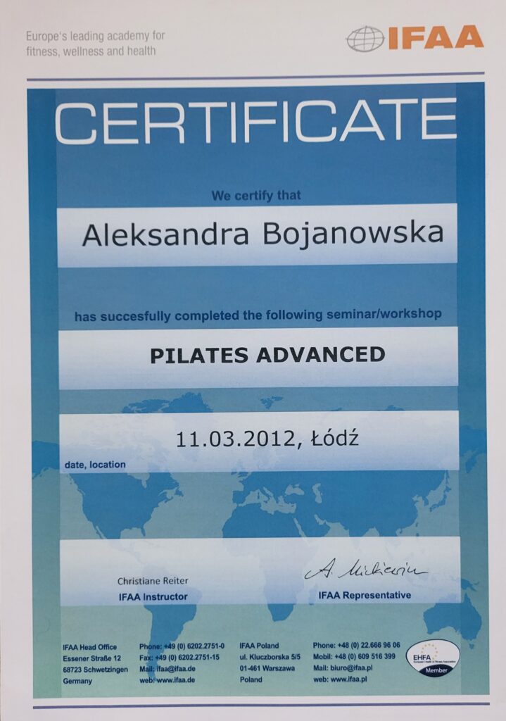 Aleksandra Bojanowska certyfikaty - Pilates Advanced