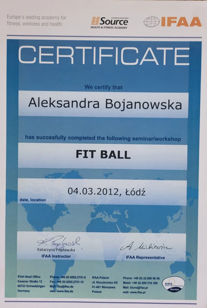 Aleksandra Bojanowska certyfikaty - FIT BALL