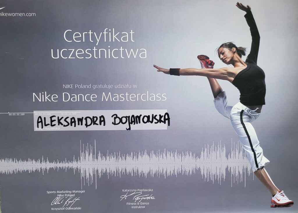 Aleksandra Bojanowska certyfikaty - Nike Dance Masterclass