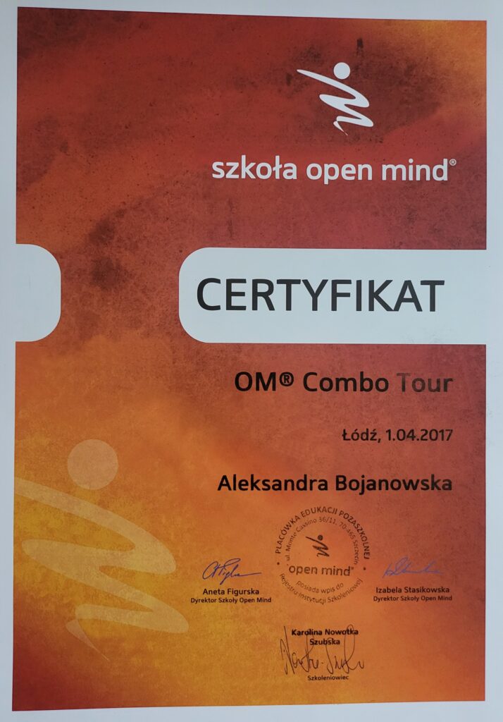 Aleksandra Bojanowska certyfikaty - OM Combo Tour