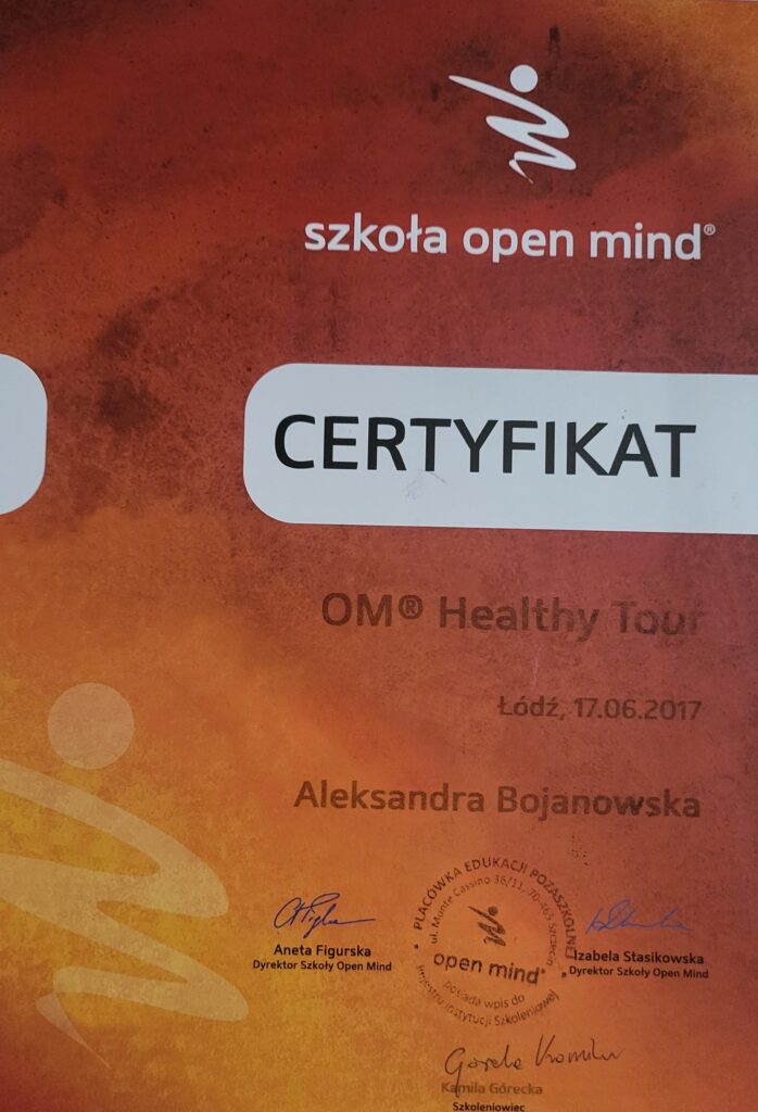 Aleksandra Bojanowska certyfikaty - OM Healthy Tour