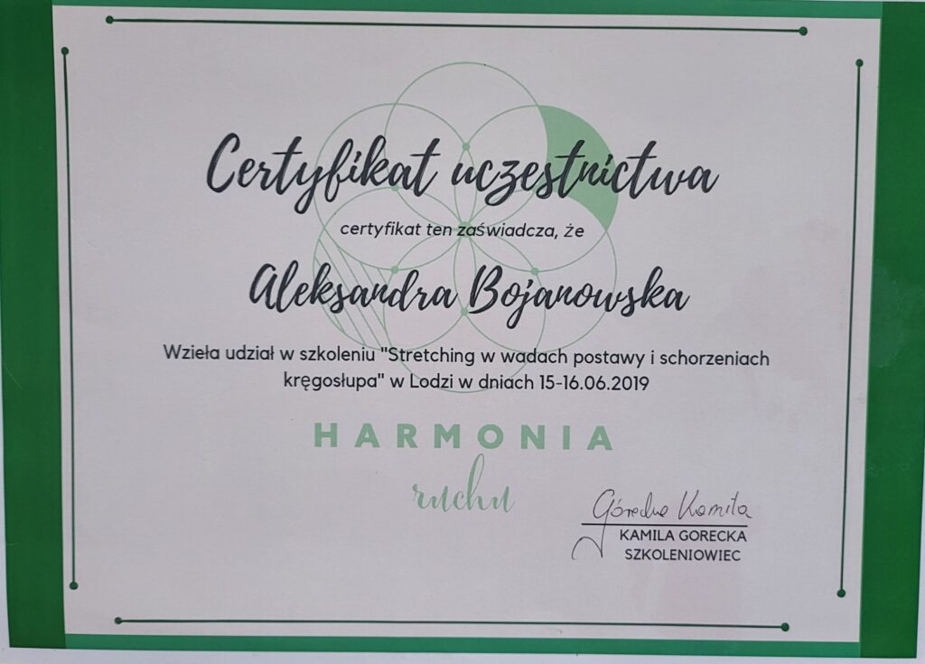 Aleksandra Bojanowska certyfikaty - szkolenie stretching