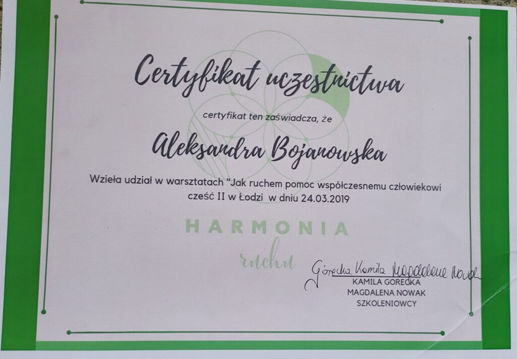Aleksandra Bojanowska certyfikaty - warsztaty ruchu HARMONIA