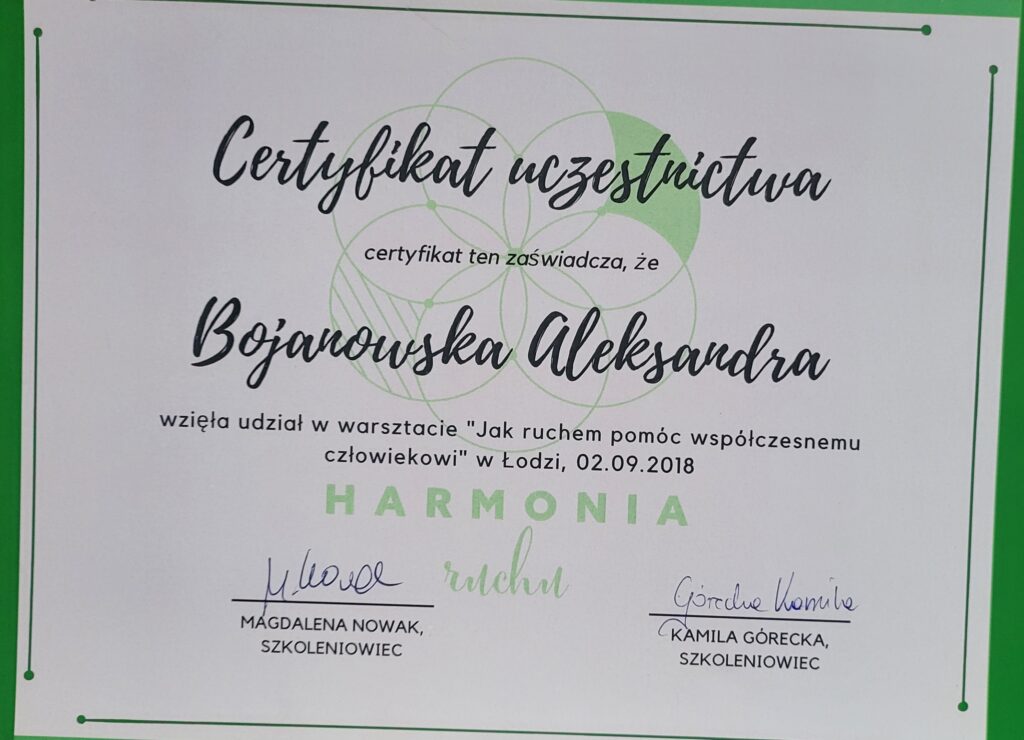 Aleksandra Bojanowska certyfikaty - warsztat ruchu