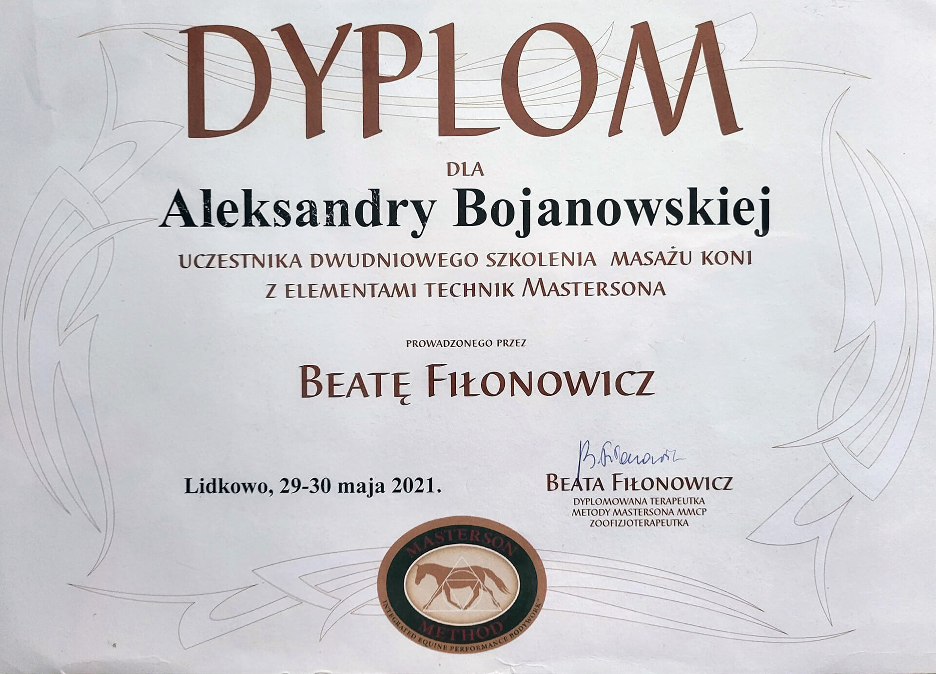 Aleksandra Bojanowska certyfikaty - szkolenie masażu koni