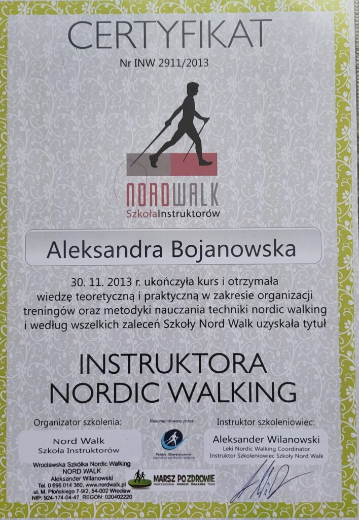 Aleksandra Bojanowska certyfikaty - instruktor nordic walking
