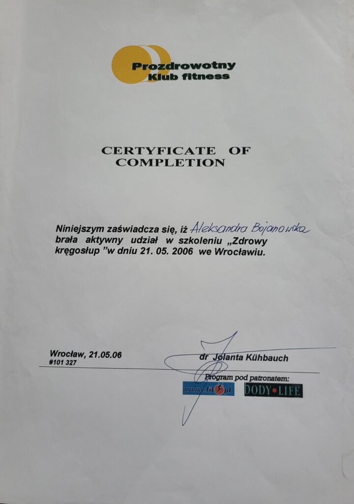 Aleksandra Bojanowska certyfikaty Zdrowy kręgosłup
