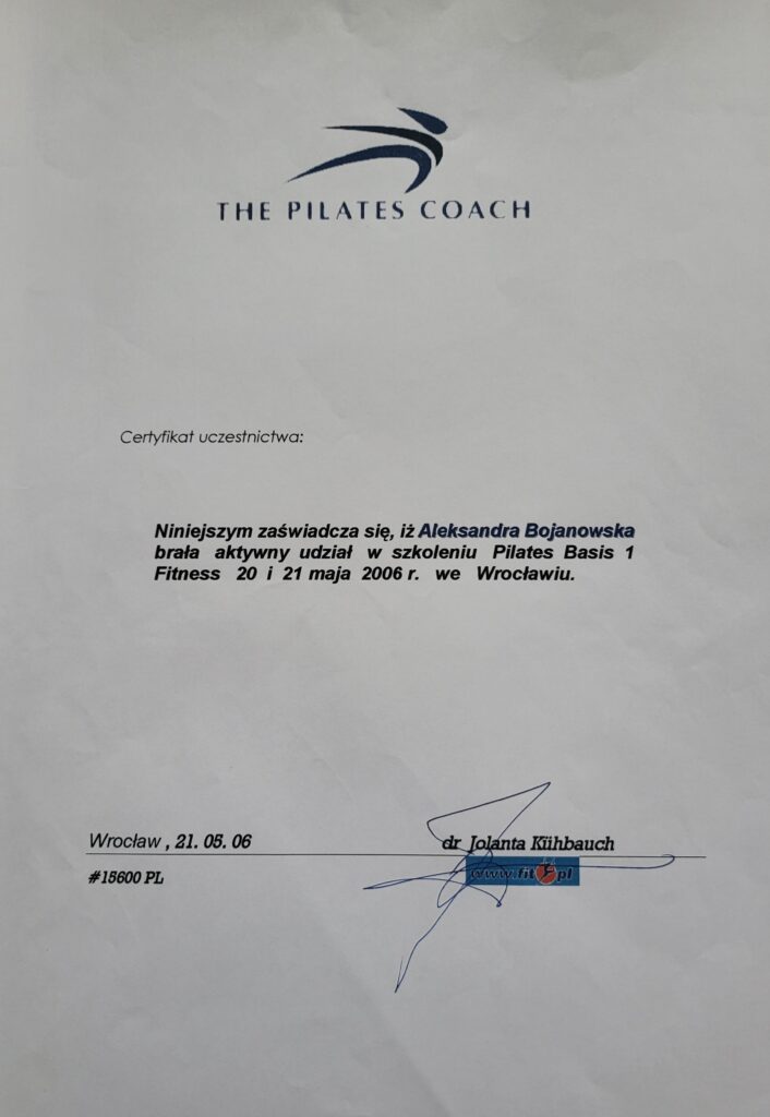 Aleksandra Bojanowska certyfikaty - pilates