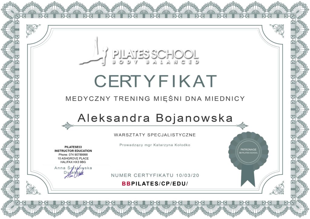 Aleksandra Bojanowska certyfikaty - medyczny trening mięśni dna miednicy